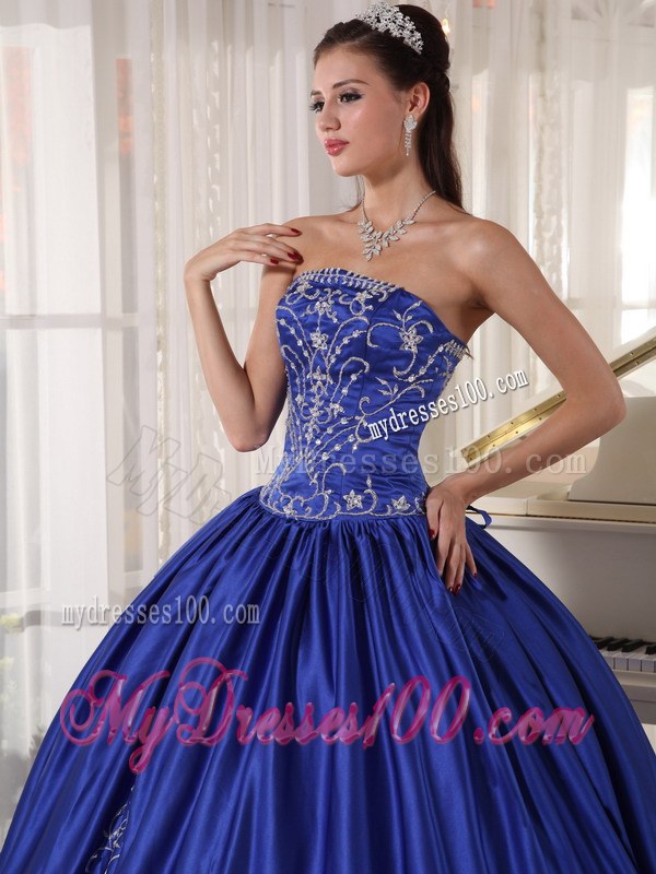 Royal Blue Ball Gown Strapless Floor-length Embroidery Quinceaneara Dress