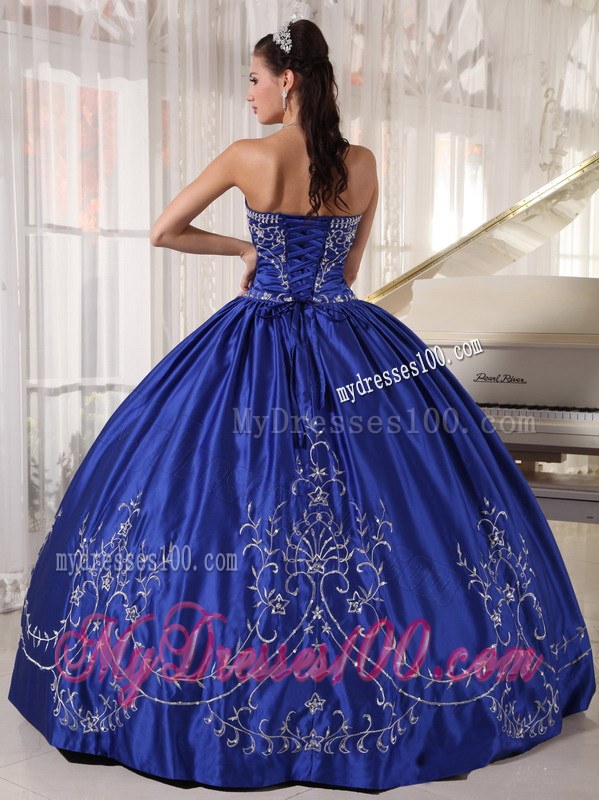 Royal Blue Ball Gown Strapless Floor-length Embroidery Quinceaneara Dress