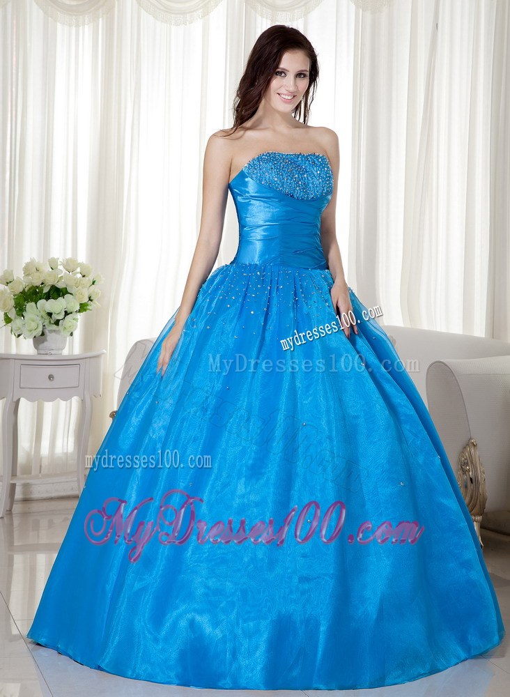 Blue Strapless Corset Floor-length Beading Quinceanera Dresses
