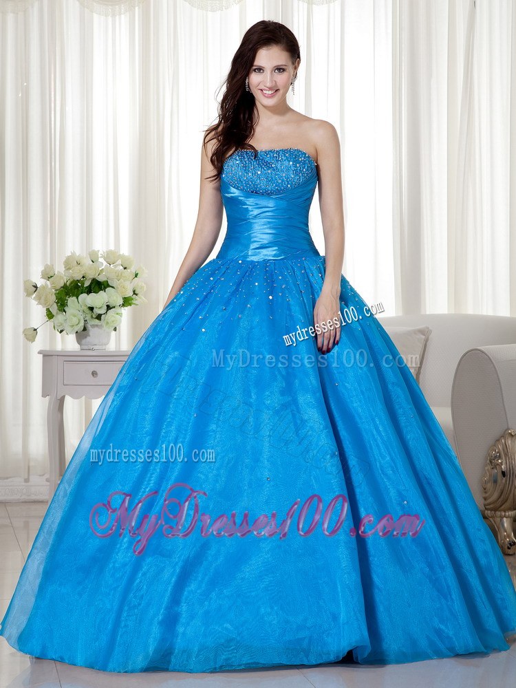 Blue Strapless Corset Floor-length Beading Quinceanera Dresses