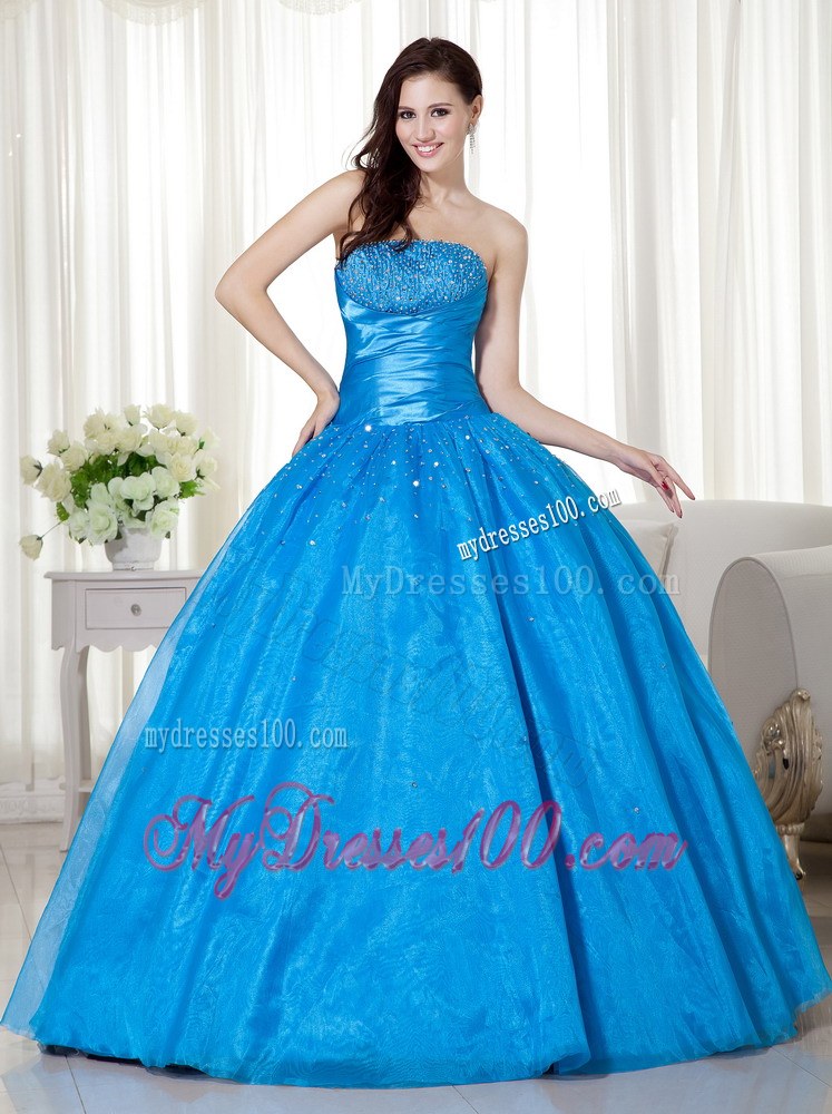 Blue Strapless Corset Floor-length Beading Quinceanera Dresses