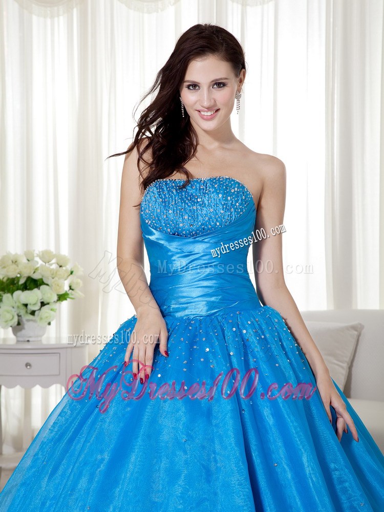 Blue Strapless Corset Floor-length Beading Quinceanera Dresses