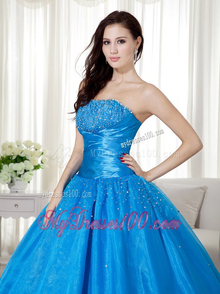 Blue Strapless Corset Floor-length Beading Quinceanera Dresses