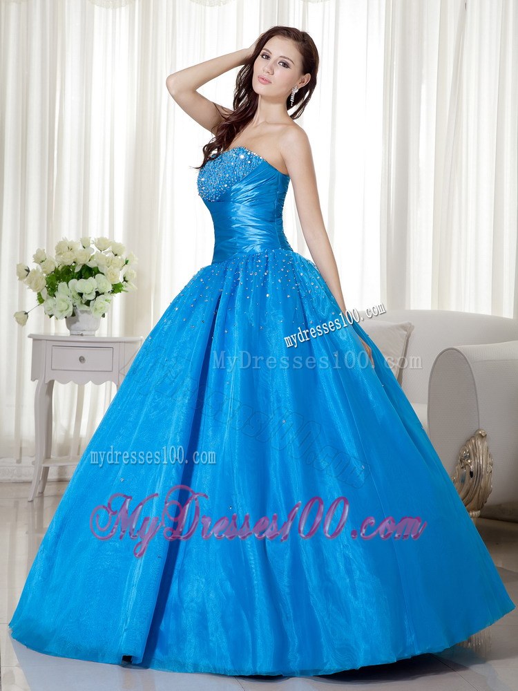 Blue Strapless Corset Floor-length Beading Quinceanera Dresses