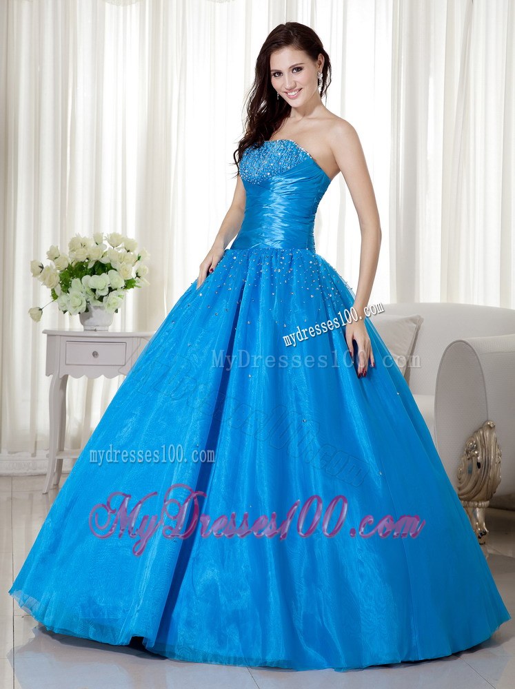 Blue Strapless Corset Floor-length Beading Quinceanera Dresses
