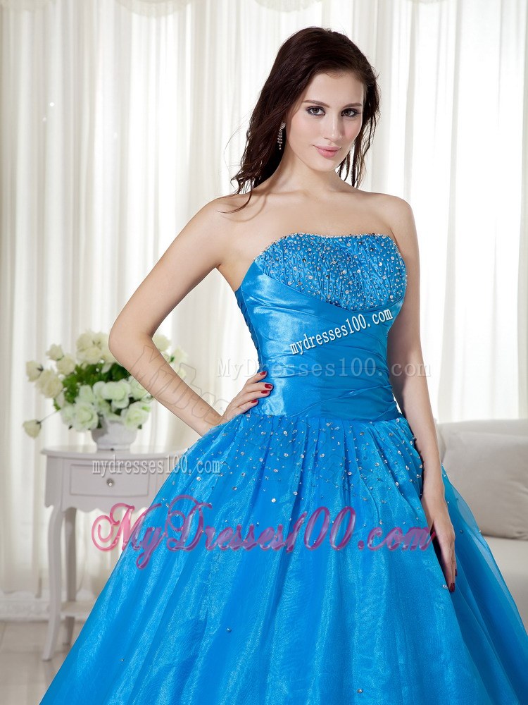 Blue Strapless Corset Floor-length Beading Quinceanera Dresses