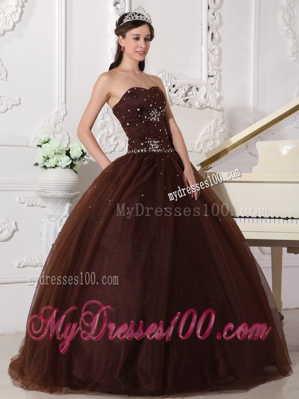 Brown Ball Gown Sweetheart Floor-length Tulle Rhinestone Quincea