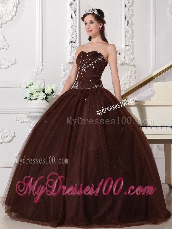 Brown Ball Gown Sweetheart Floor-length Tulle Rhinestone Quincea