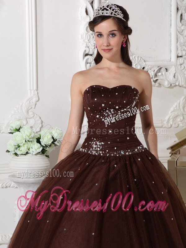 Brown Ball Gown Sweetheart Floor-length Tulle Rhinestone Quincea