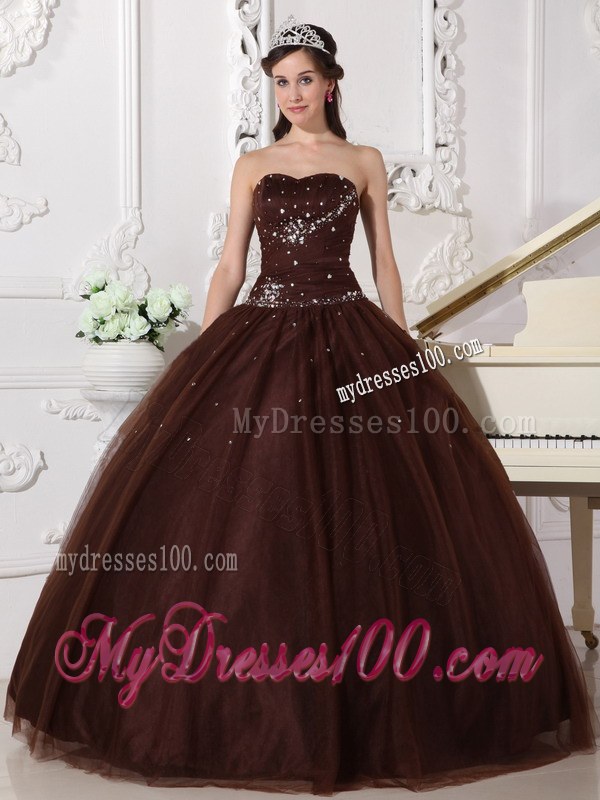 Brown Ball Gown Sweetheart Floor-length Tulle Rhinestone Quincea