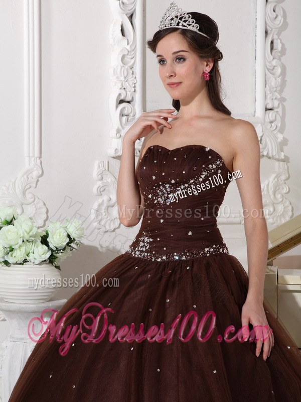Brown Ball Gown Sweetheart Floor-length Tulle Rhinestone Quincea