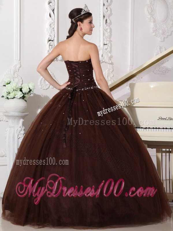 Brown Ball Gown Sweetheart Floor-length Tulle Rhinestone Quincea
