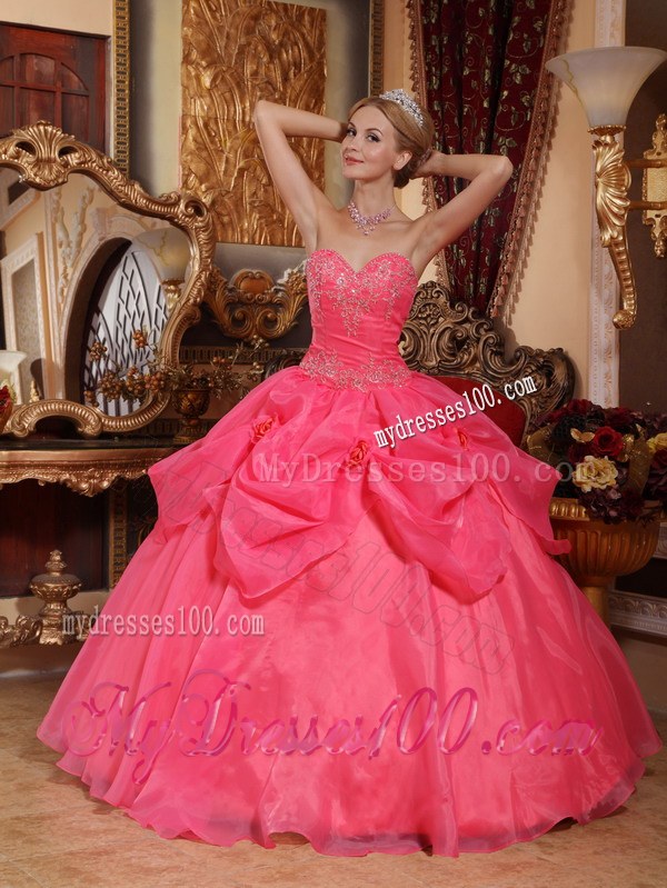 Coral Sweetheart Ball Gown with Appliques Sweet 15 16 Birthday Dress
