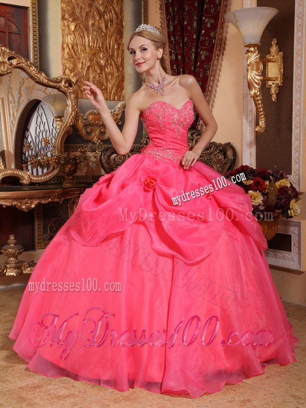 Coral Sweetheart Ball Gown with Appliques Sweet 15 16 Birthday Dress