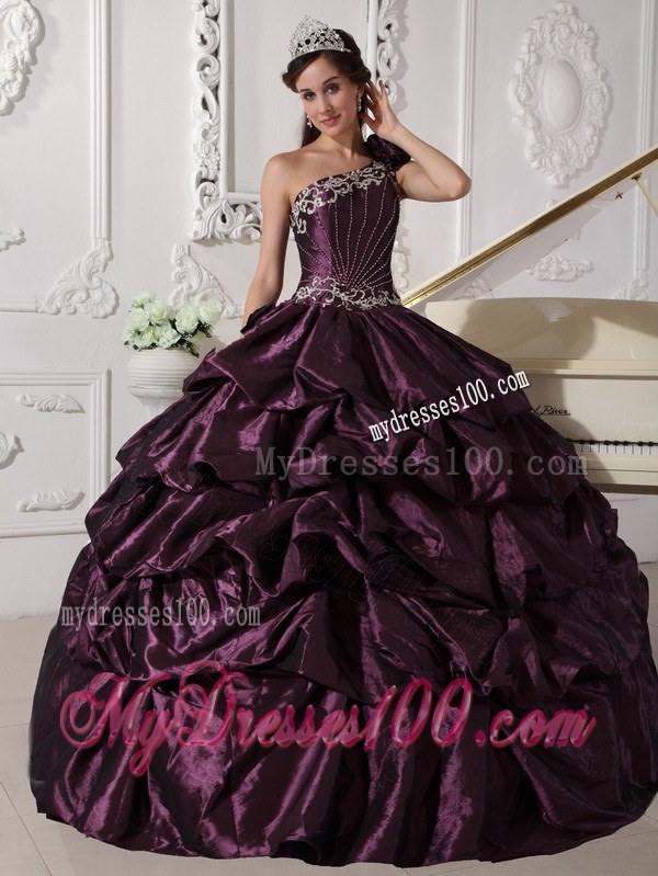 Dark Purple Ball Gown One Shoulder Floor-length Taffeta Applique
