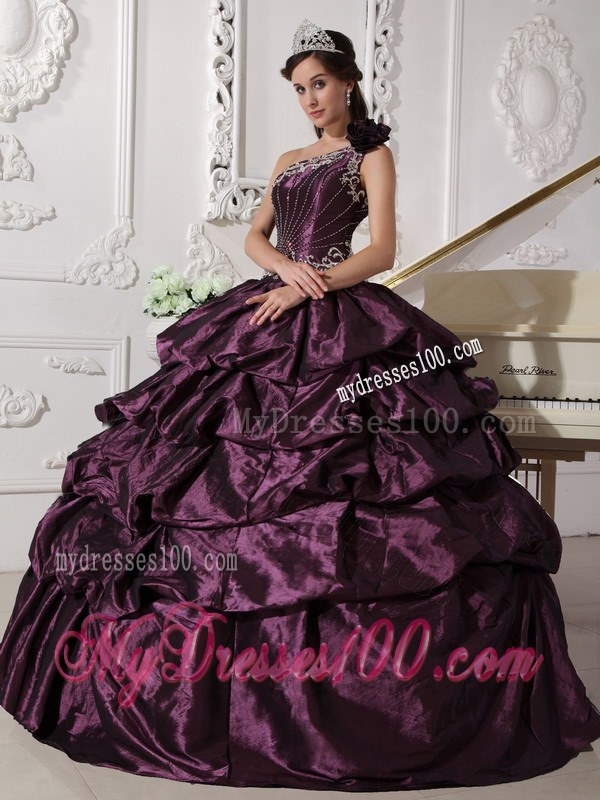 Dark Purple Ball Gown One Shoulder Floor-length Taffeta Applique