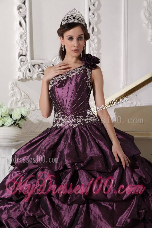 Dark Purple Ball Gown One Shoulder Floor-length Taffeta Applique
