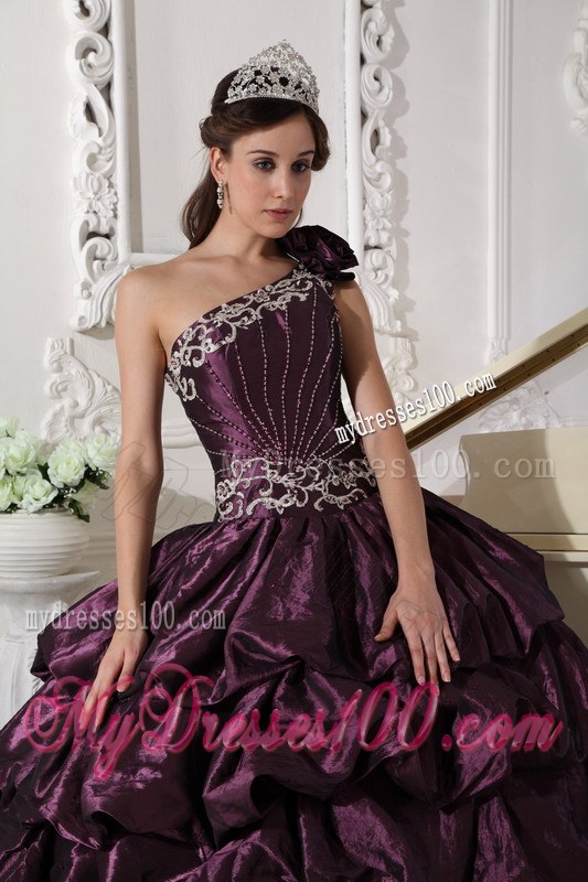 Dark Purple Ball Gown One Shoulder Floor-length Taffeta Applique