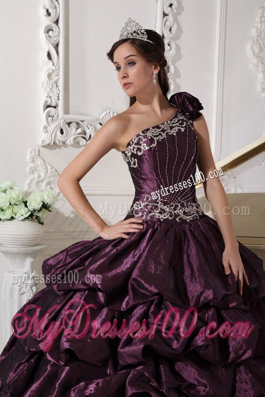 Dark Purple Ball Gown One Shoulder Floor-length Taffeta Applique