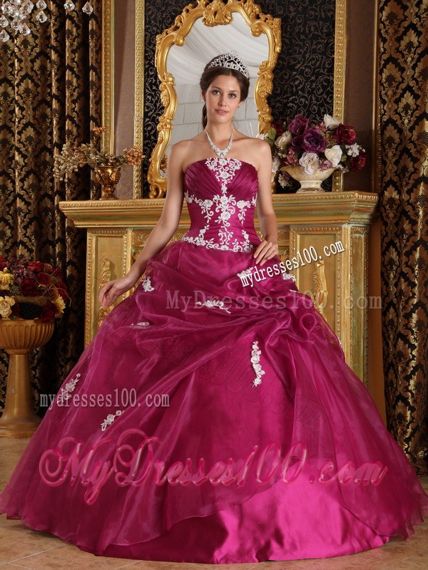 Appliques Fuchsia Strapless Organza and Satin Quinceanera Dresses