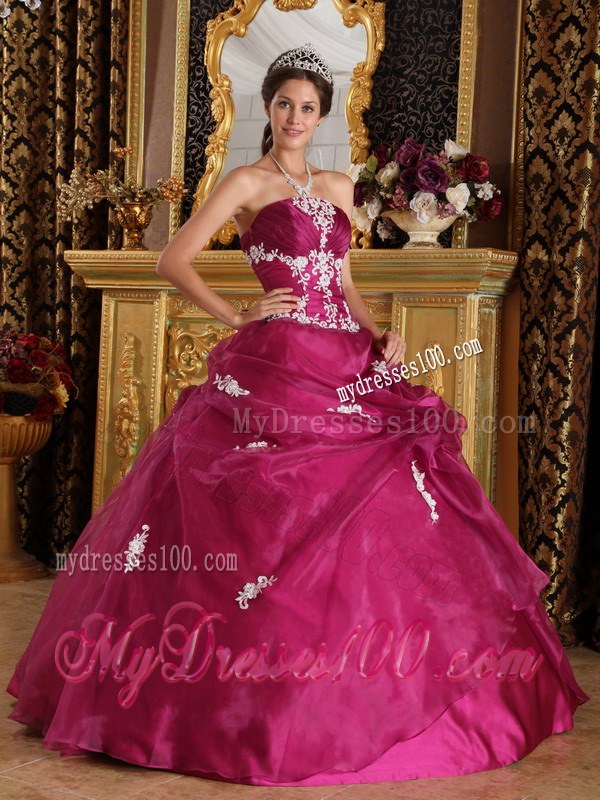 Appliques Fuchsia Strapless Organza and Satin Quinceanera Dresses