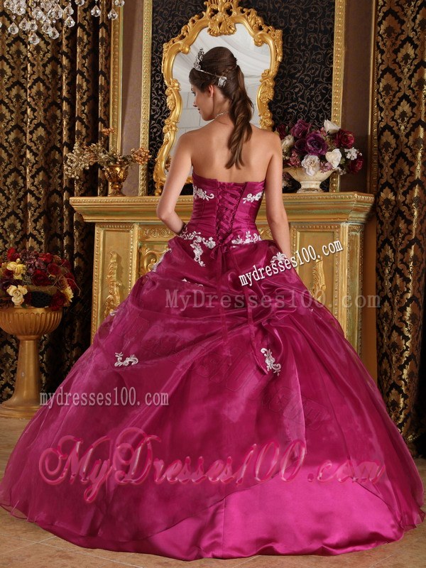 Appliques Fuchsia Strapless Organza and Satin Quinceanera Dresses