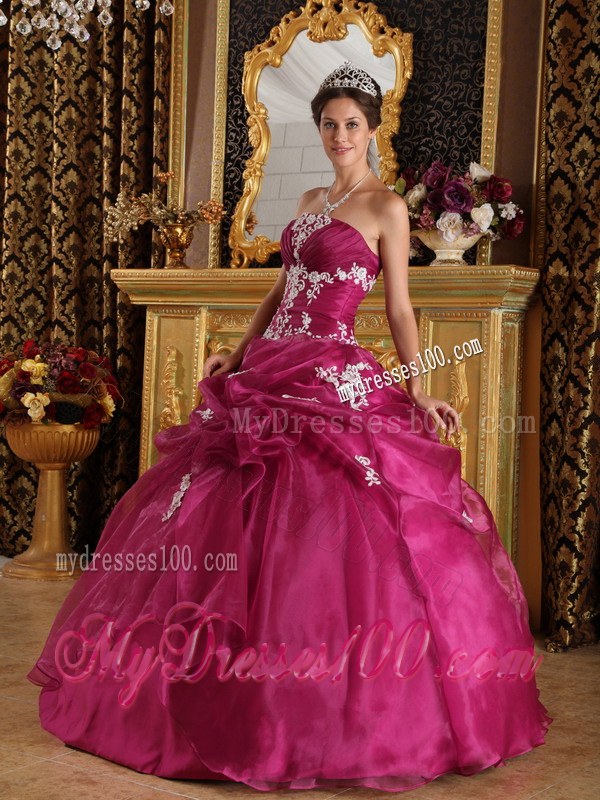 Appliques Fuchsia Strapless Organza and Satin Quinceanera Dresses