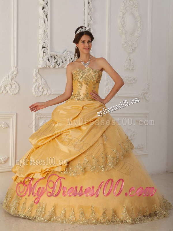 Gold A-Line Pick-up Strapless Ruffled Quinceanera Party Dress