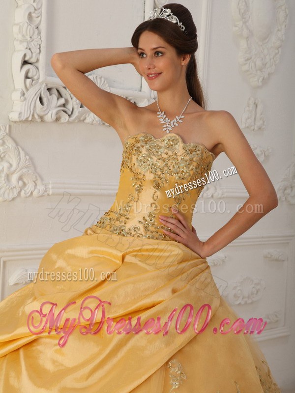 Gold A-Line Pick-up Strapless Ruffled Quinceanera Party Dress