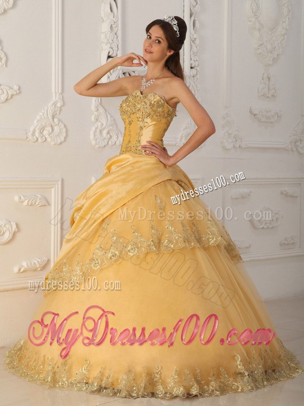 Gold A-Line Pick-up Strapless Ruffled Quinceanera Party Dress