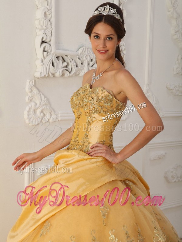Gold A-Line Pick-up Strapless Ruffled Quinceanera Party Dress
