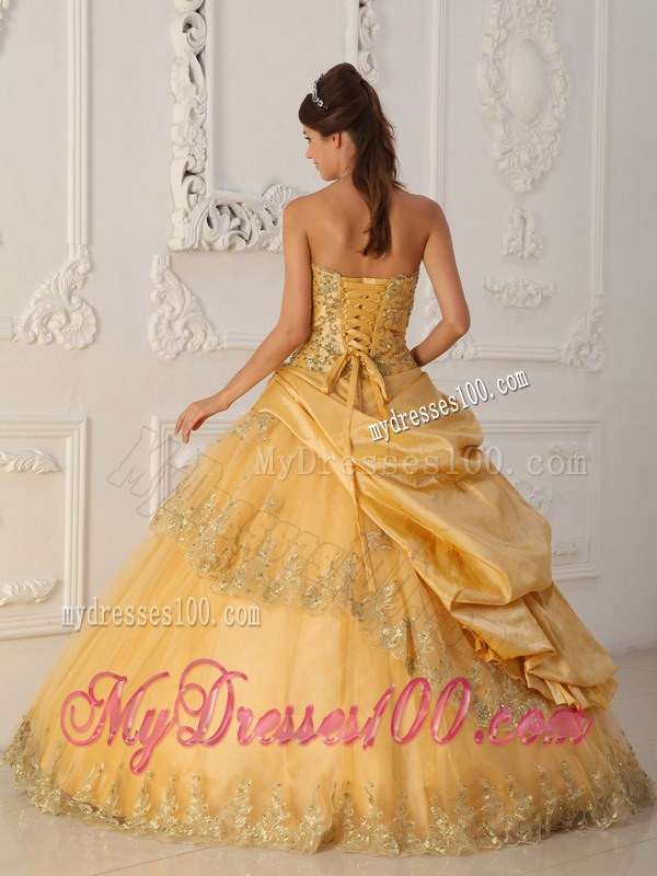 Gold A-Line Pick-up Strapless Ruffled Quinceanera Party Dress