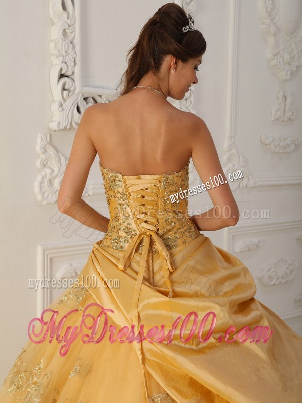 Gold A-Line Pick-up Strapless Ruffled Quinceanera Party Dress