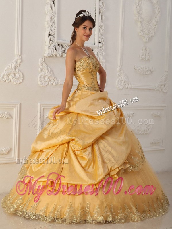 Gold A-Line Pick-up Strapless Ruffled Quinceanera Party Dress