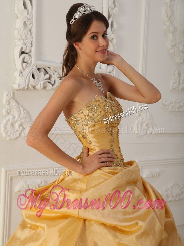 Gold A-Line Pick-up Strapless Ruffled Quinceanera Party Dress
