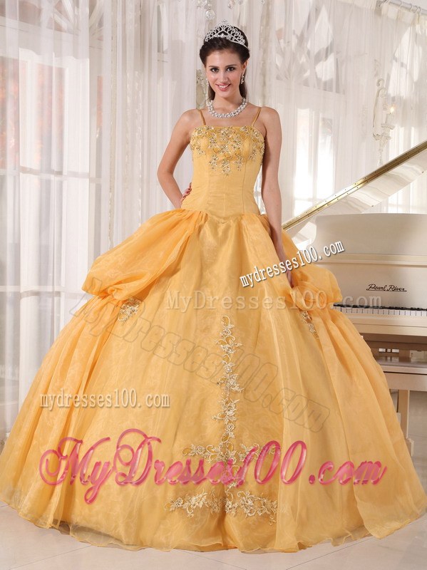 Gold Spaghetti Straps Applique Taffeta and Organza Dress for Quinces