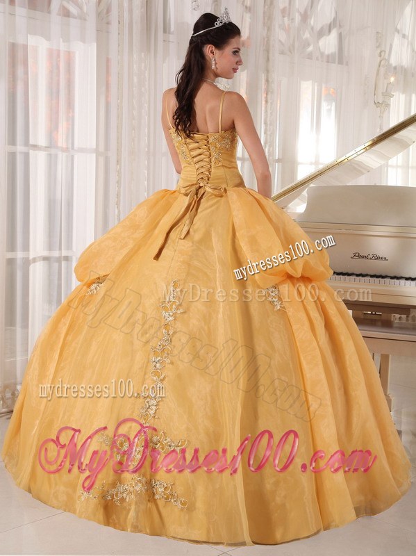 Gold Spaghetti Straps Applique Taffeta and Organza Dress for Quinces