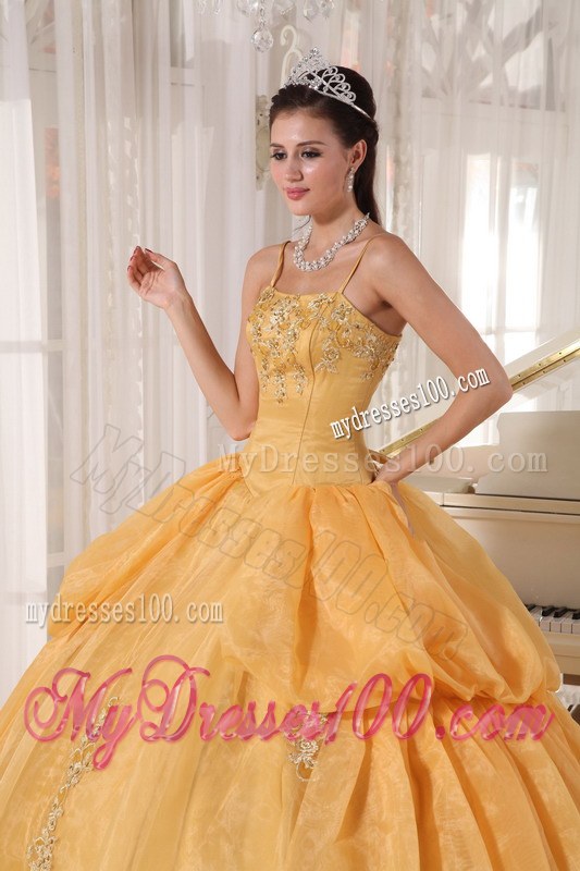 Gold Spaghetti Straps Applique Taffeta and Organza Dress for Quinces