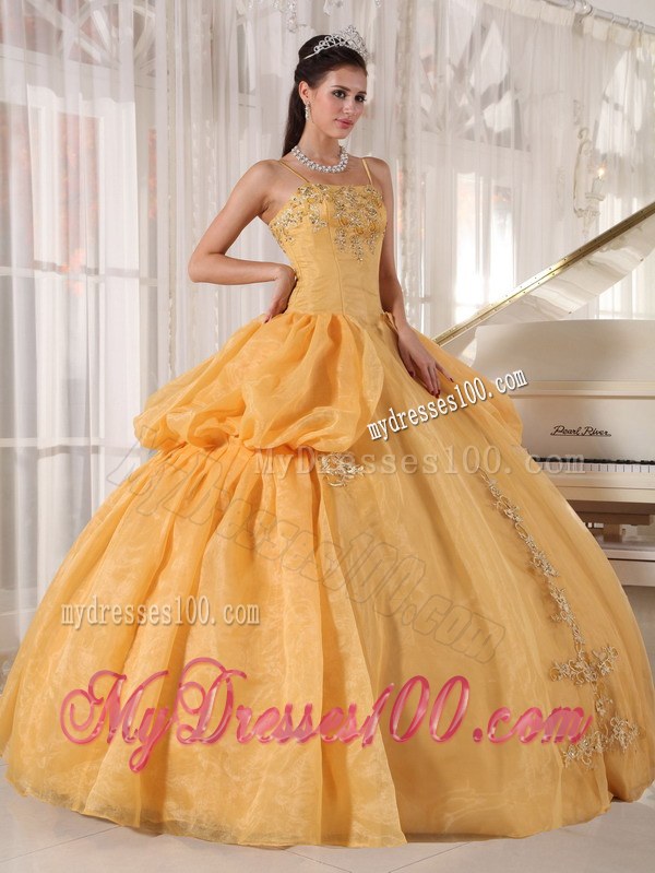 Gold Spaghetti Straps Applique Taffeta and Organza Dress for Quinces