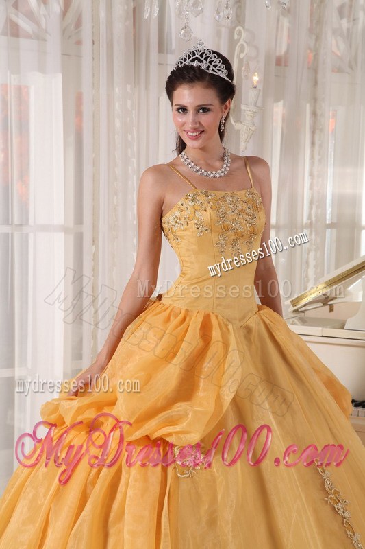 Gold Spaghetti Straps Applique Taffeta and Organza Dress for Quinces