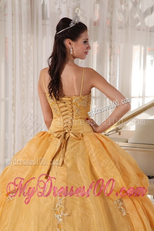 Gold Spaghetti Straps Applique Taffeta and Organza Dress for Quinces