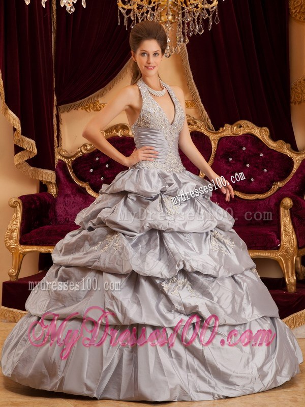 Halter Gray Ball Gown Pick-up Applique Quinceanera Dresses