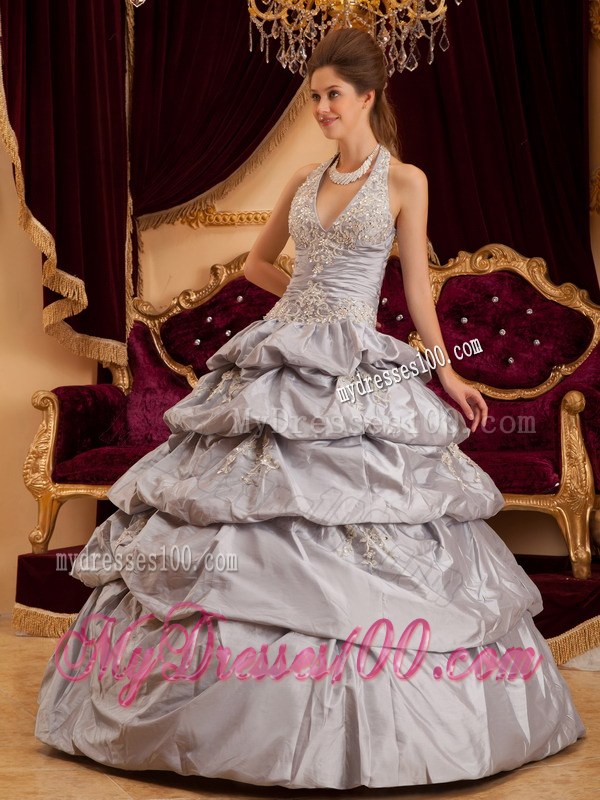 Halter Gray Ball Gown Pick-up Applique Quinceanera Dresses