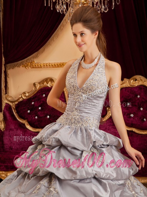 Halter Gray Ball Gown Pick-up Applique Quinceanera Dresses