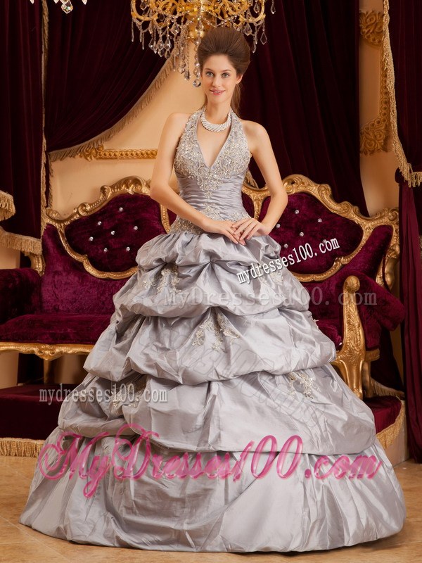 Halter Gray Ball Gown Pick-up Applique Quinceanera Dresses