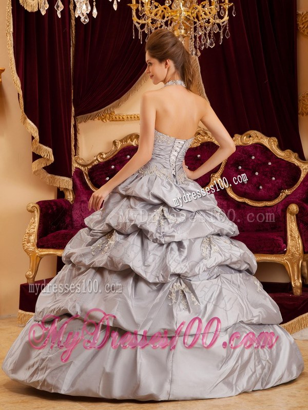 Halter Gray Ball Gown Pick-up Applique Quinceanera Dresses