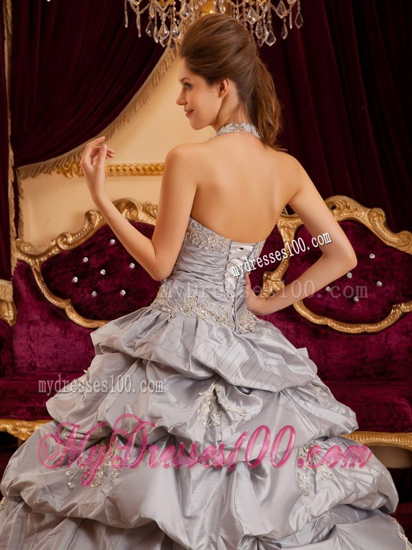 Halter Gray Ball Gown Pick-up Applique Quinceanera Dresses