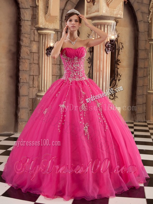 Ruched Hot Pink A-line Beading Quinceanera Dresses with Appliques