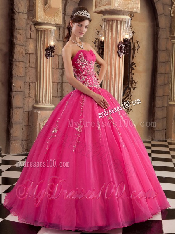 Ruched Hot Pink A-line Beading Quinceanera Dresses with Appliques