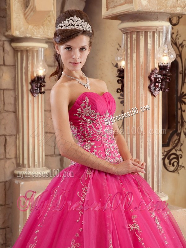 Ruched Hot Pink A-line Beading Quinceanera Dresses with Appliques